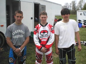 Left to right, are a few of the 250 B front runners. Daryn Capitena, Red Bud 250-B winner Philip Ogram and Hunter Johnson ham it up in the pits. 