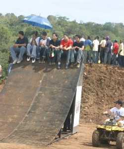 The promoters of the event built an excellent freestyle ramp, but since the landing ramp was too steep, the freestyle show was moved to a nearby table top jump. Spectators made use of the ramps and ironically watched the action from them. 