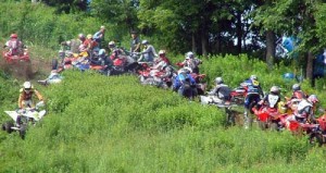 When the green flag went up for the 4 Stroke Stock Class, half of them got stuck on the face of the ski slope. Unfortunately, it was such a mess that the GNCC officials had to call a restart for the morning event.