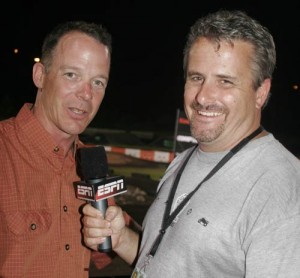 On the left is WSA announcer Rob Powers having a conversation with Mark "Banger" Straubinger. The two did their homework all week. They were well prepared and ready to deliver professional track side commentary for the main event, but rain forced ESPN to unplug them. The two did get to announce all the other events and worked excellent together.