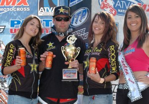 WPSA Champion Doug Gust is seen here with The Rock Star Energy girls (and Miss Glen Helen). Gust really worked his butt off to get on the podium. Two strong come from behind motos prove legendary Gust still has what it takes despite the fact that he's the oldest rider in the pro field. 